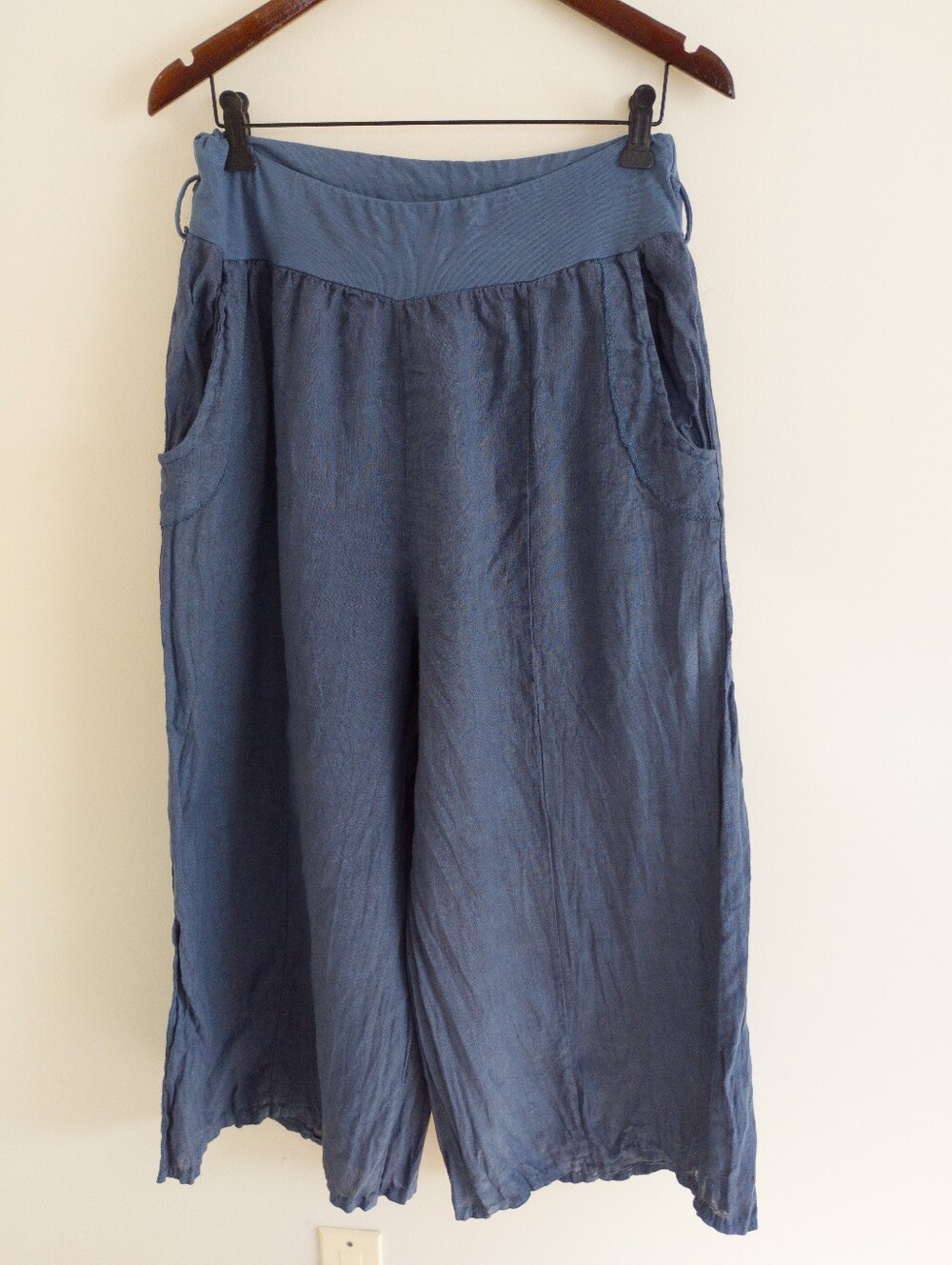 Made in Italy Pronto Moda 100% Linen Wide Leg Cropped Pants Blue Lagenlook 10